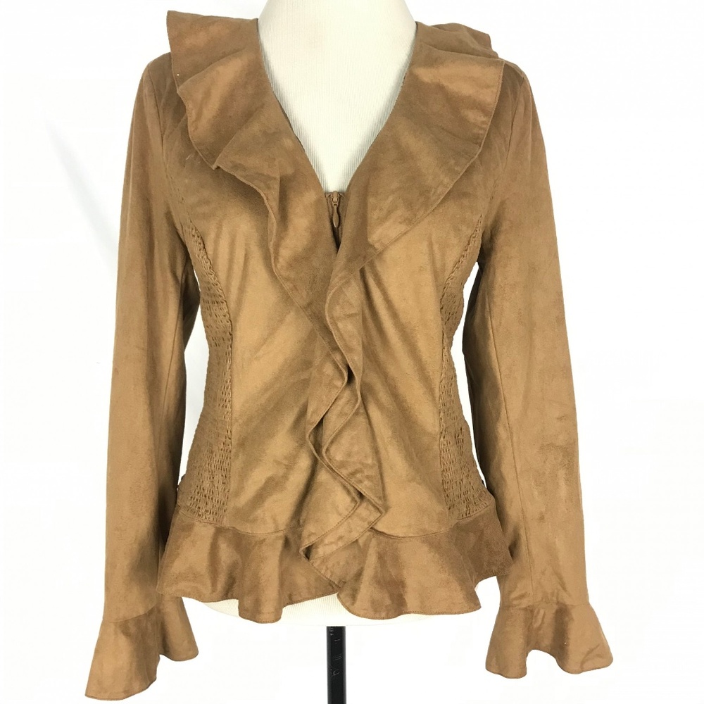 Jones New York Tan Faux Suede Ruffle Blazer - 10